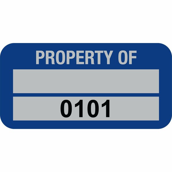 Lustre-Cal PROPERTY OF Label, 5 Alum Dark Blue 1.50in x 0.75in  1 Blank Pad & Serialized 0101-0200, 100PK 253769Ma2Bd0101